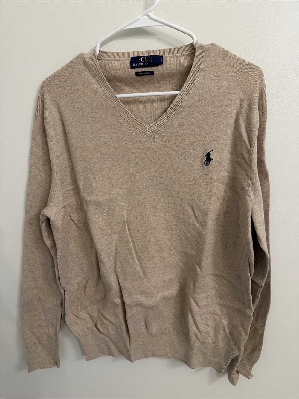 Polo by Ralph Lauren V-Neck Sweater in Beige with Navy Pony